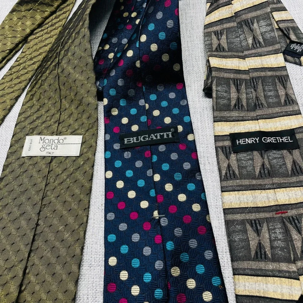 Lot of 3‎ Mens Silk Ties Bugatti Henry Grethel Mondo Seta Geometric Polka Dot